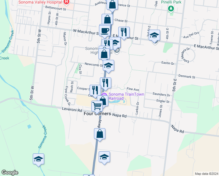 map of restaurants, bars, coffee shops, grocery stores, and more near 1254 Broadway in Sonoma