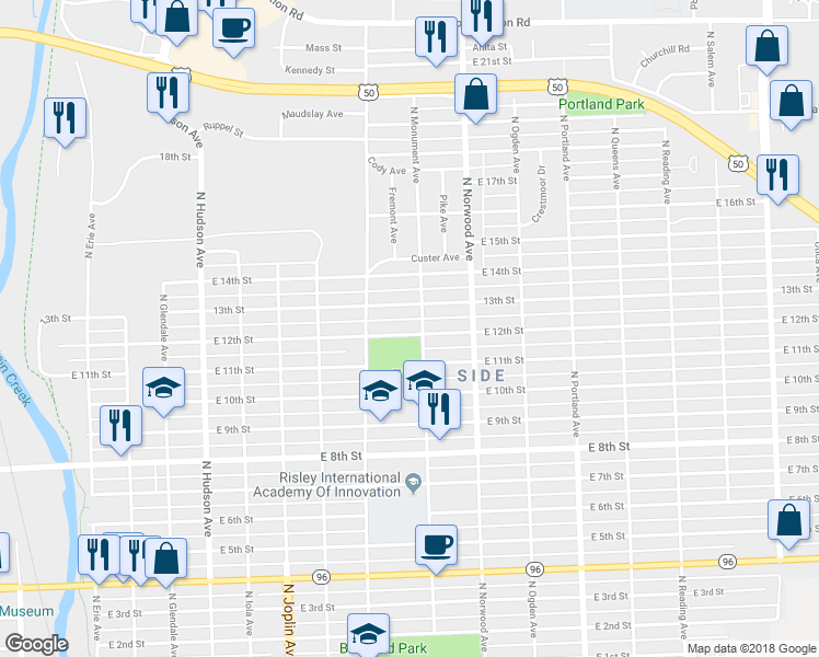 map of restaurants, bars, coffee shops, grocery stores, and more near 1341 East 12th Street in Pueblo