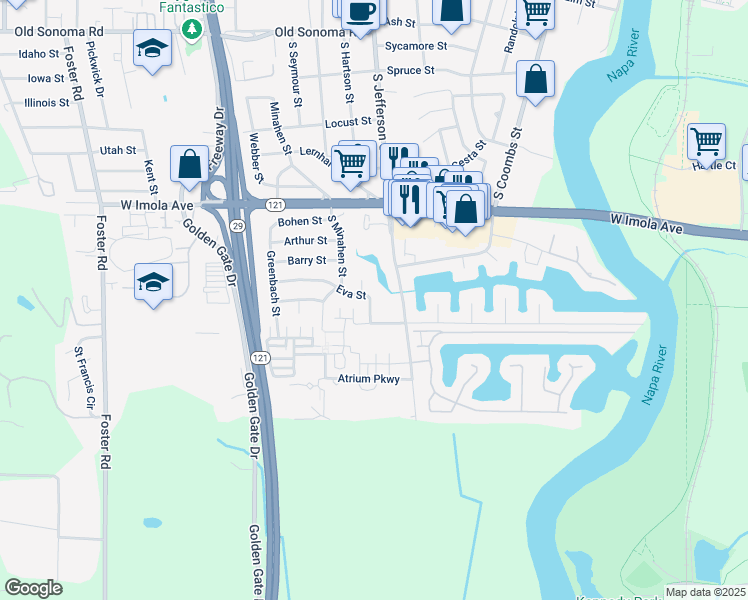 map of restaurants, bars, coffee shops, grocery stores, and more near 2184 Eva Street in Napa