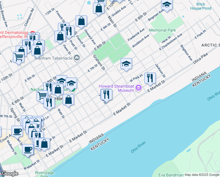 map of restaurants, bars, coffee shops, grocery stores, and more near 944 East Maple Street in Jeffersonville