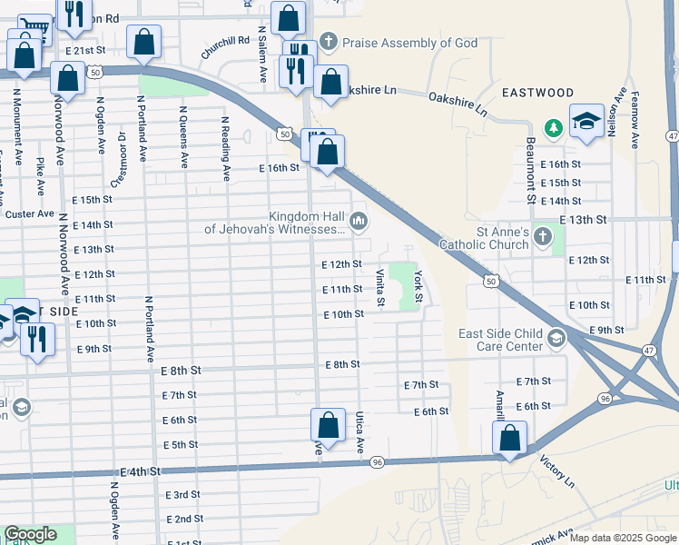 map of restaurants, bars, coffee shops, grocery stores, and more near 2115 East 11th Street in Pueblo