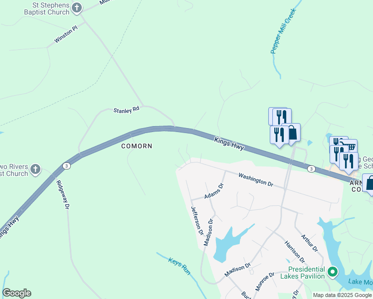 map of restaurants, bars, coffee shops, grocery stores, and more near 7229 Washington Drive in King George