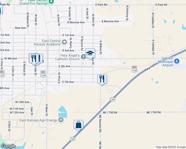 map of restaurants, bars, coffee shops, grocery stores, and more near 600 South Olive Street in Garnett