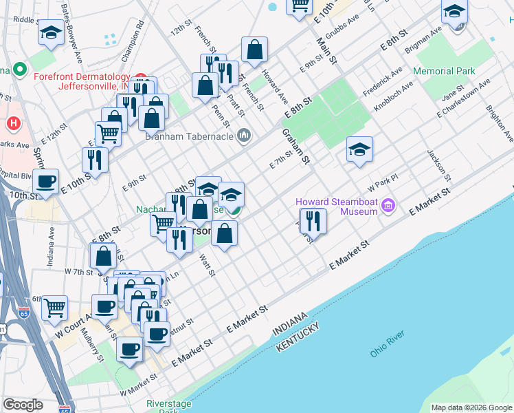 map of restaurants, bars, coffee shops, grocery stores, and more near 719 East Court Avenue in Jeffersonville