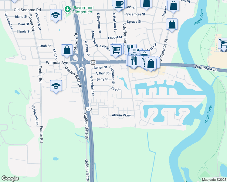 map of restaurants, bars, coffee shops, grocery stores, and more near 2285 Eva Street in Napa