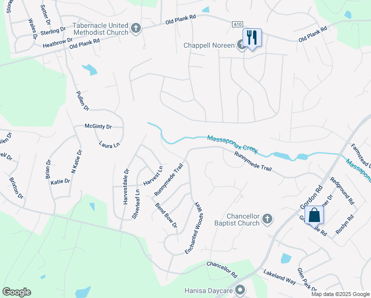 map of restaurants, bars, coffee shops, grocery stores, and more near 7121 Runnymede Trail in Fredericksburg