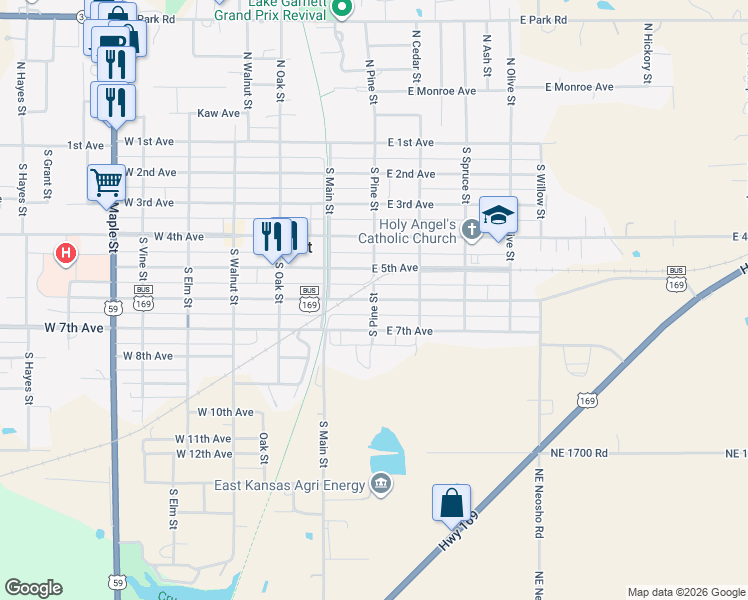 map of restaurants, bars, coffee shops, grocery stores, and more near 600 South Pine Street in Garnett