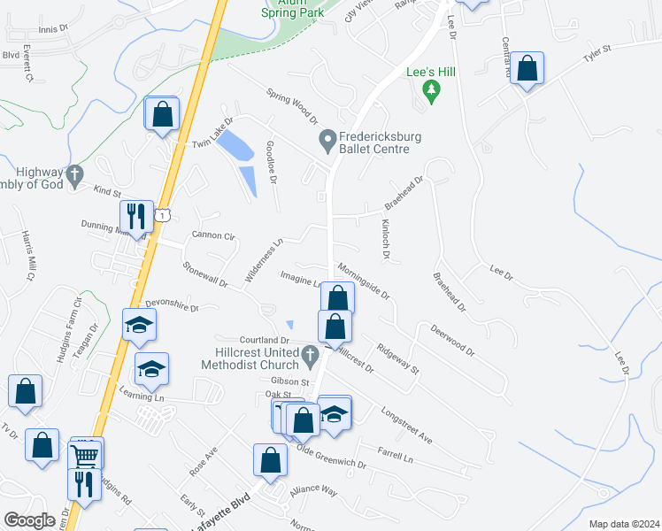 map of restaurants, bars, coffee shops, grocery stores, and more near 1905 Lafayette Boulevard in Fredericksburg