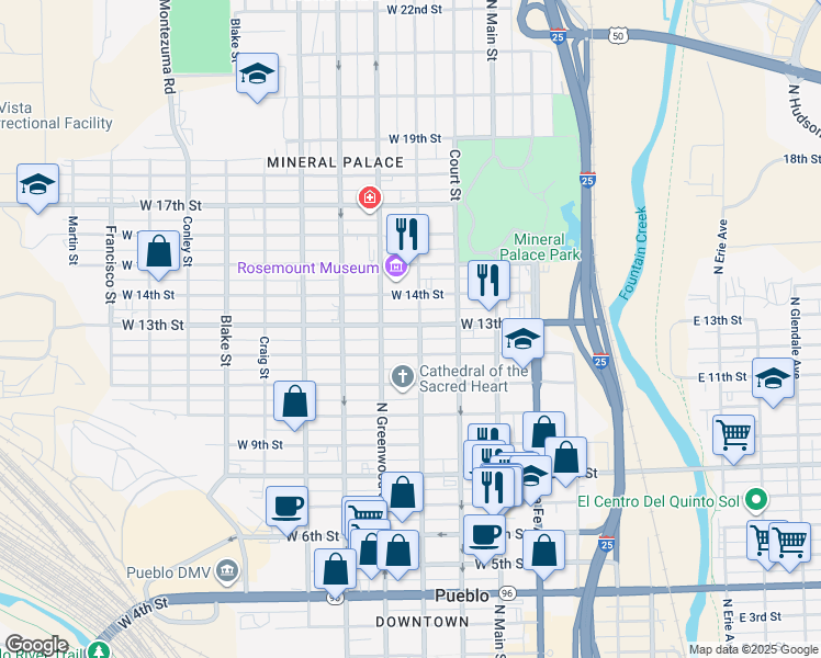 map of restaurants, bars, coffee shops, grocery stores, and more near 326 West 13th Street in Pueblo