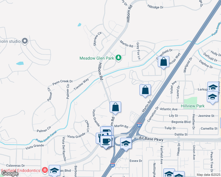 map of restaurants, bars, coffee shops, grocery stores, and more near 2550 Hilborn Road in Fairfield