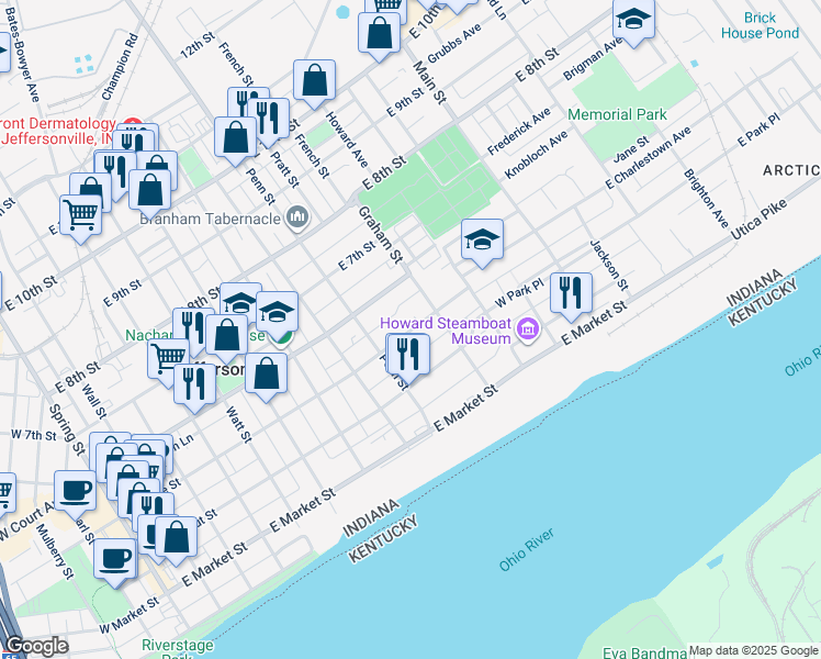 map of restaurants, bars, coffee shops, grocery stores, and more near 944 East Maple Street in Jeffersonville
