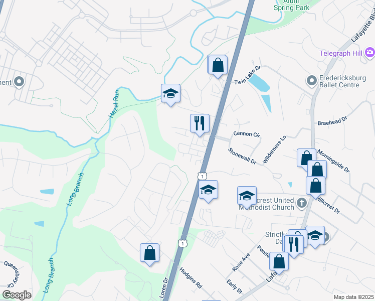 map of restaurants, bars, coffee shops, grocery stores, and more near 1134 Dovetail Circle in Fredericksburg