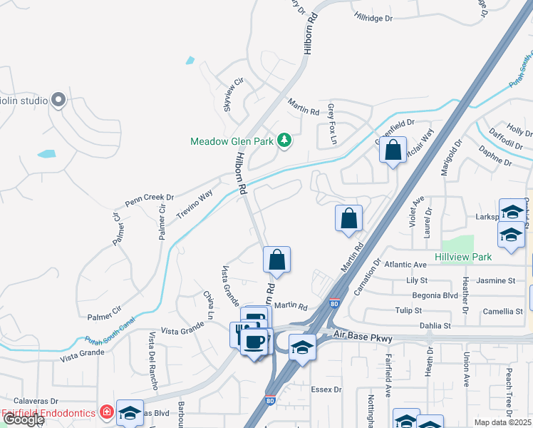 map of restaurants, bars, coffee shops, grocery stores, and more near 2550 Hilborn Road in Fairfield