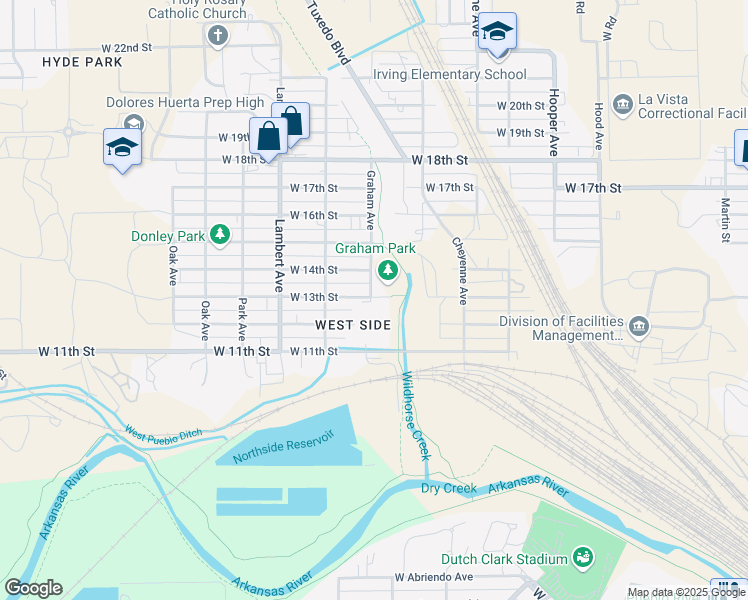map of restaurants, bars, coffee shops, grocery stores, and more near 1900 West 13th Street in Pueblo