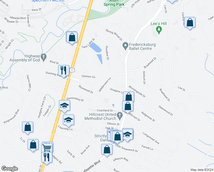 map of restaurants, bars, coffee shops, grocery stores, and more near 202 Wilderness Lane in Fredericksburg