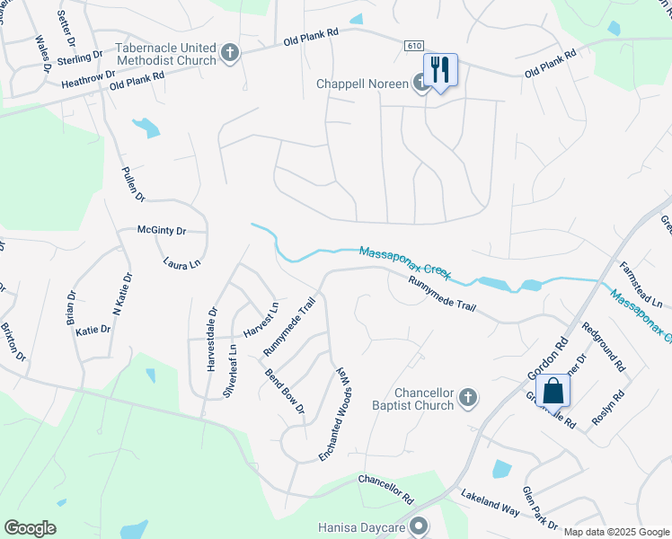map of restaurants, bars, coffee shops, grocery stores, and more near 7120 Runnymede Trail in Fredericksburg