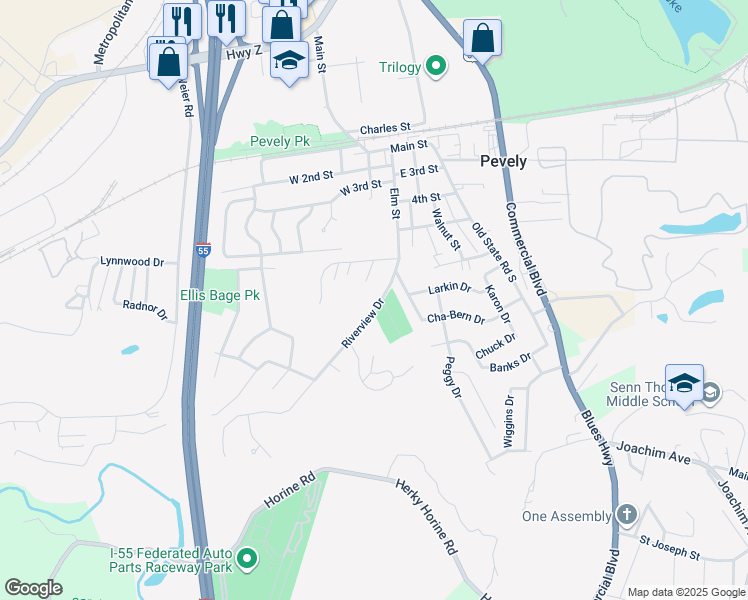 map of restaurants, bars, coffee shops, grocery stores, and more near 643 Riverview Drive in Pevely