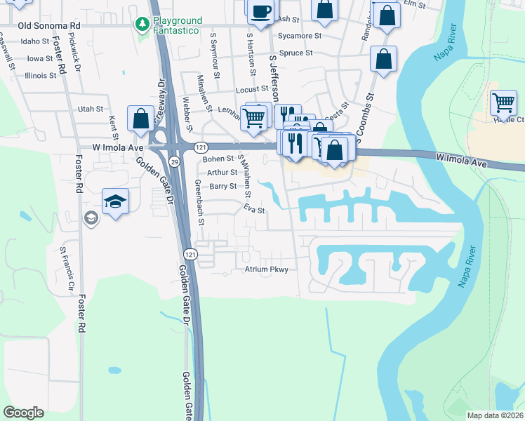 map of restaurants, bars, coffee shops, grocery stores, and more near 2175 Eva Street in Napa