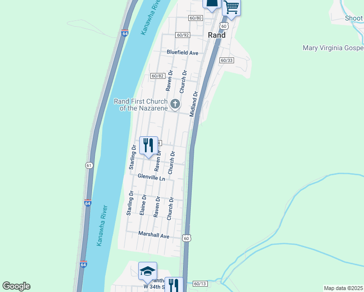 map of restaurants, bars, coffee shops, grocery stores, and more near 5871-5899 Kanawha Boulevard East in Charleston
