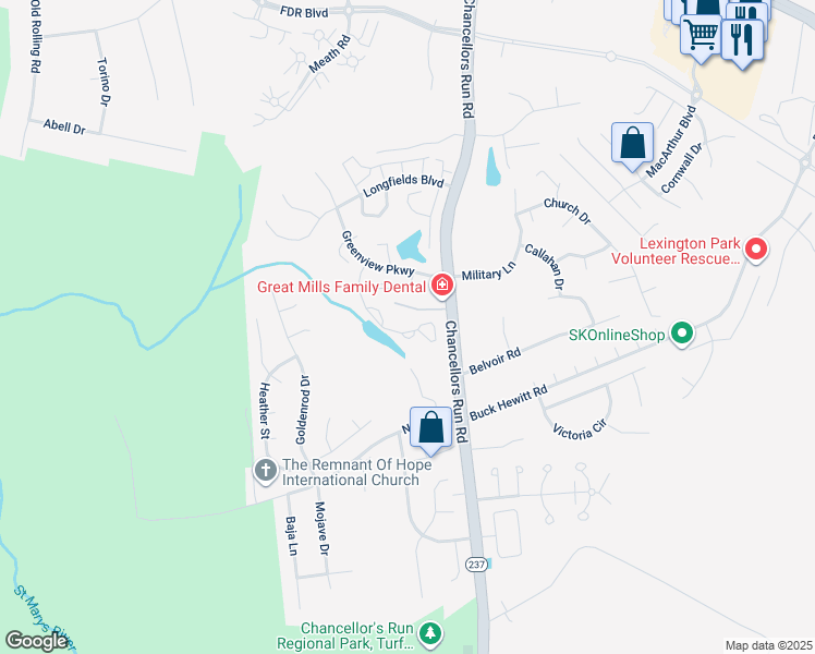 map of restaurants, bars, coffee shops, grocery stores, and more near 22210 Valleyview Drive in Great Mills