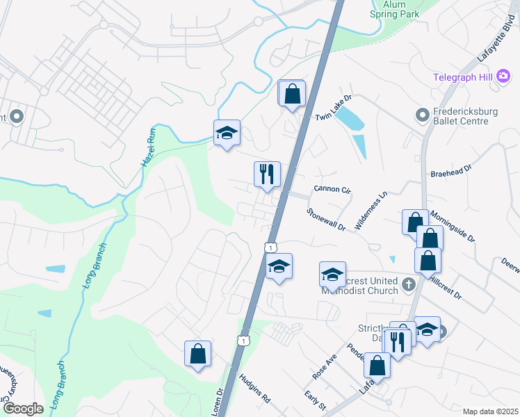 map of restaurants, bars, coffee shops, grocery stores, and more near 1019 Valley Run Drive in Fredericksburg