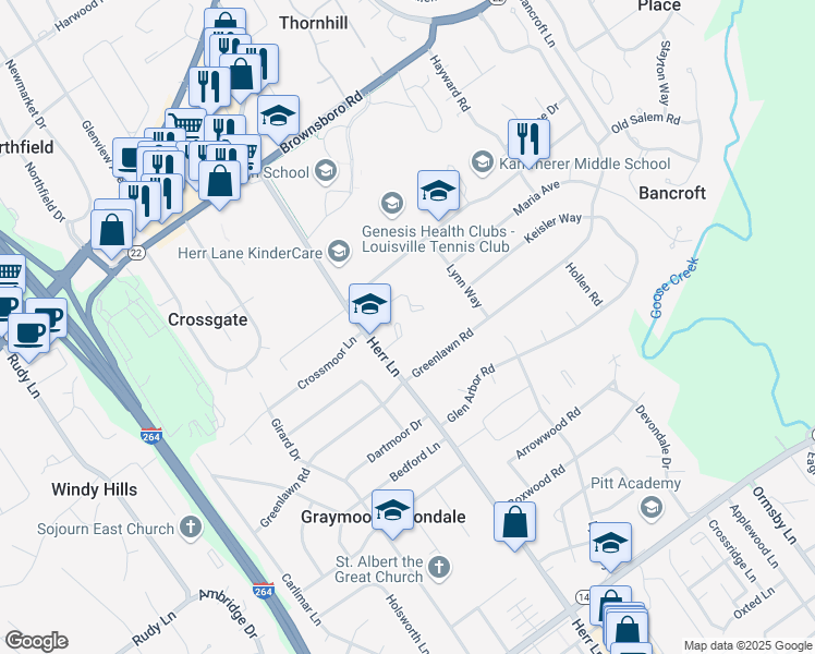 map of restaurants, bars, coffee shops, grocery stores, and more near 1913 Herr Lane in Louisville