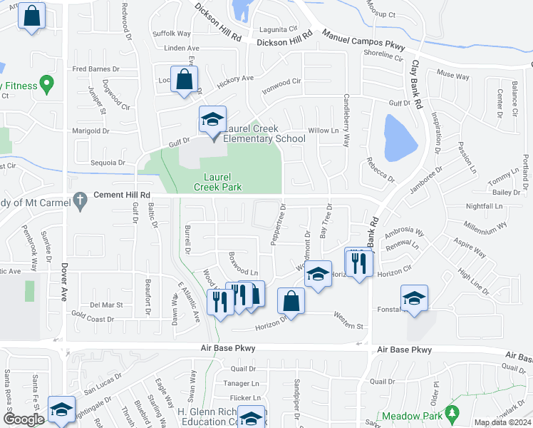 map of restaurants, bars, coffee shops, grocery stores, and more near 2751 Peppertree Drive in Fairfield