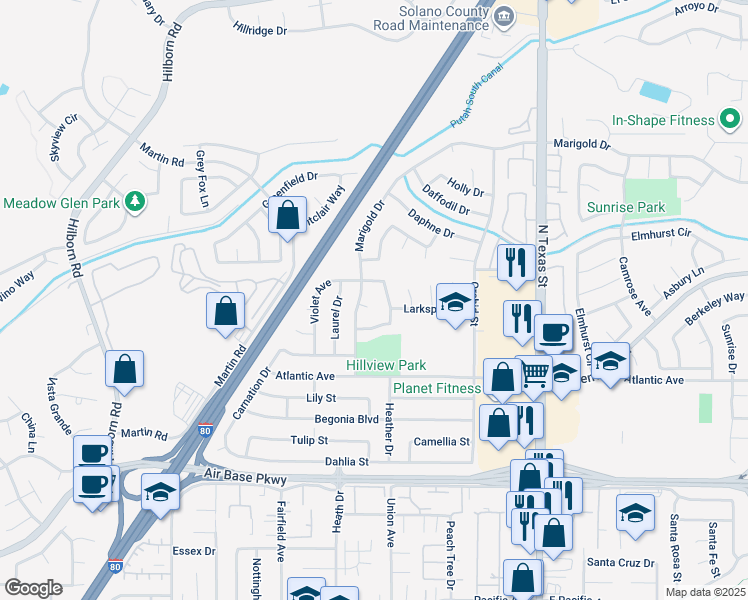 map of restaurants, bars, coffee shops, grocery stores, and more near 2736 Marigold Court in Fairfield