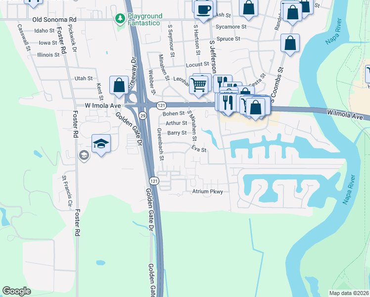 map of restaurants, bars, coffee shops, grocery stores, and more near 706 South Minahen Street in Napa