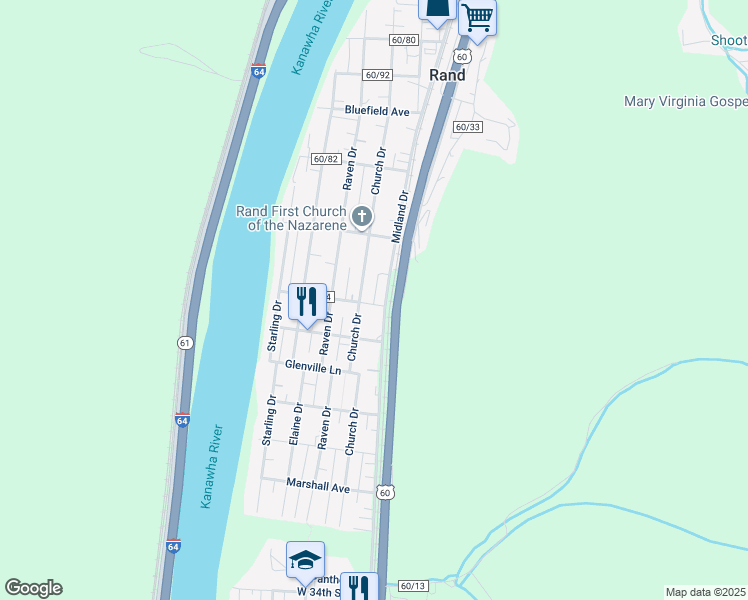 map of restaurants, bars, coffee shops, grocery stores, and more near 5871-5899 Kanawha Boulevard East in Charleston