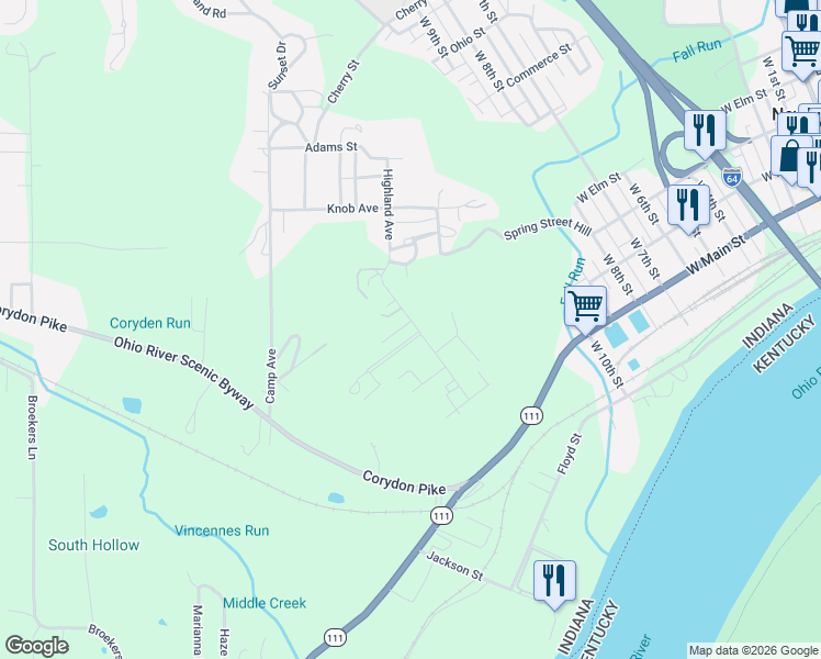 map of restaurants, bars, coffee shops, grocery stores, and more near 1308 Ridgeway Avenue in New Albany