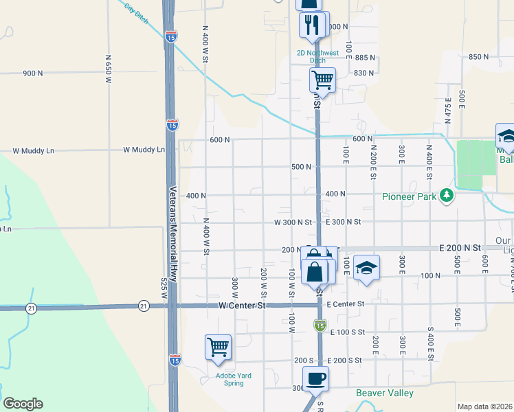 map of restaurants, bars, coffee shops, grocery stores, and more near 355 North 200 West Street in Beaver