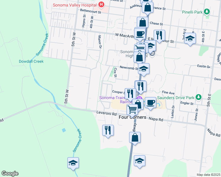 map of restaurants, bars, coffee shops, grocery stores, and more near 1225 Pickett Street in Sonoma