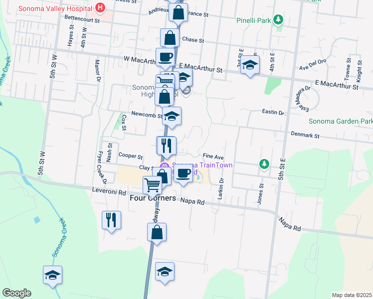 map of restaurants, bars, coffee shops, grocery stores, and more near 1250 Broadway in Sonoma