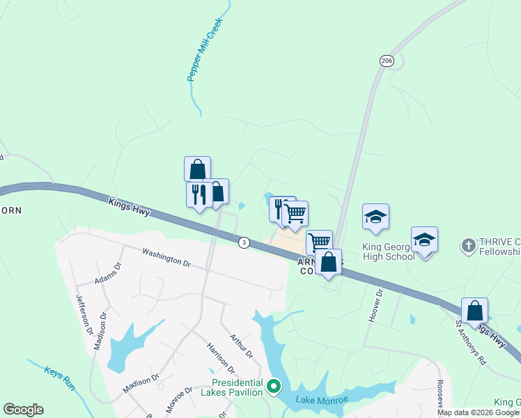 map of restaurants, bars, coffee shops, grocery stores, and more near 9673 Mary TS Court in King George