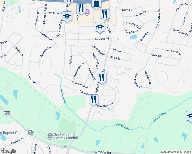 map of restaurants, bars, coffee shops, grocery stores, and more near 11703 Kennedy Lane in Fredericksburg