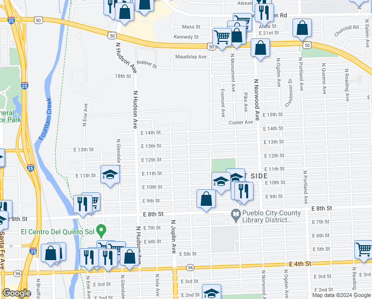map of restaurants, bars, coffee shops, grocery stores, and more near 1209 North Kingston Avenue in Pueblo