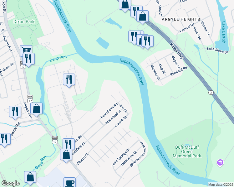 map of restaurants, bars, coffee shops, grocery stores, and more near 336 4th Street in Fredericksburg