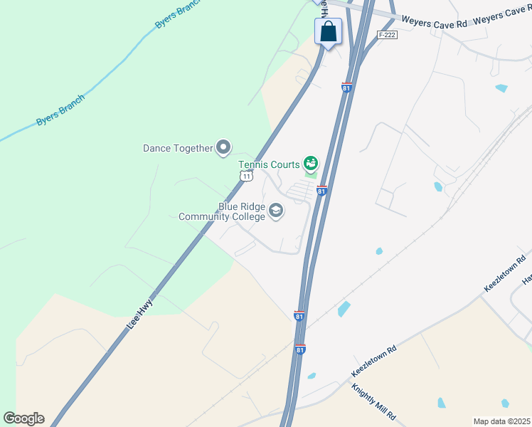 map of restaurants, bars, coffee shops, grocery stores, and more near 1 College Lane in Weyers Cave