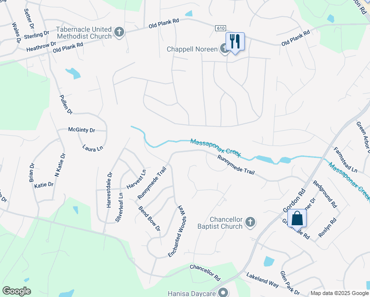 map of restaurants, bars, coffee shops, grocery stores, and more near 7109 Runnymede Trail in Fredericksburg