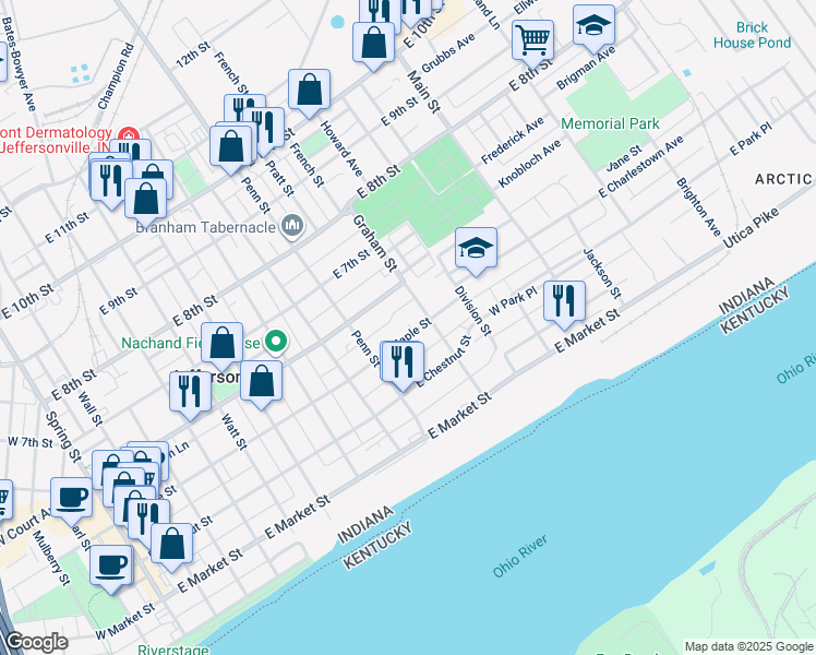 map of restaurants, bars, coffee shops, grocery stores, and more near 945 East Maple Street in Jeffersonville