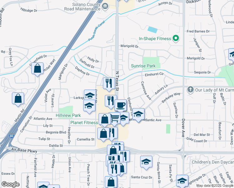 map of restaurants, bars, coffee shops, grocery stores, and more near 2780 North Texas Street in Fairfield