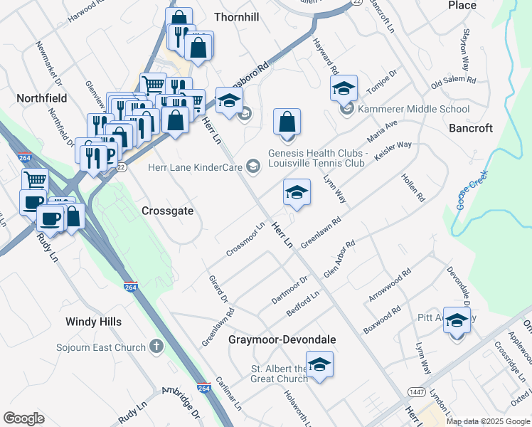 map of restaurants, bars, coffee shops, grocery stores, and more near 6827 Crossmoor Lane in Louisville