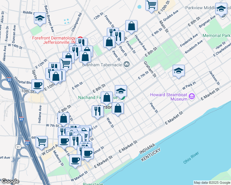 map of restaurants, bars, coffee shops, grocery stores, and more near 621 Mechanic Street in Jeffersonville