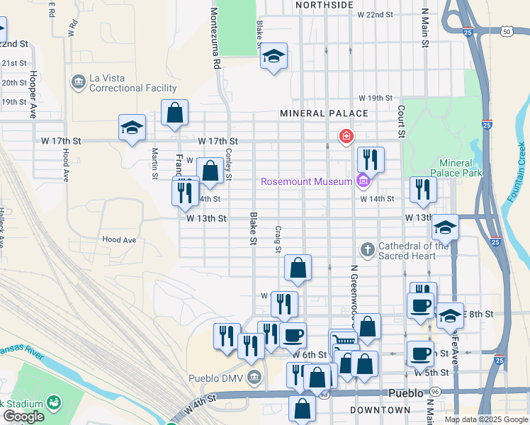 map of restaurants, bars, coffee shops, grocery stores, and more near 815 West 13th Street in Pueblo