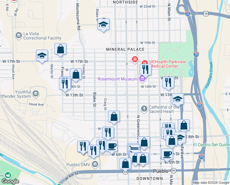 map of restaurants, bars, coffee shops, grocery stores, and more near 1216 West Street in Pueblo