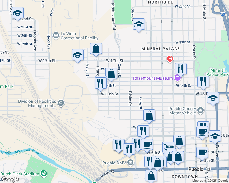 map of restaurants, bars, coffee shops, grocery stores, and more near 1212 Baxter Street in Pueblo