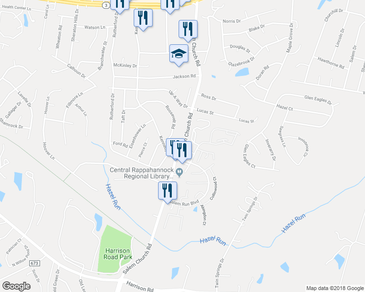 map of restaurants, bars, coffee shops, grocery stores, and more near 2577 Salem Church Road in Fredericksburg