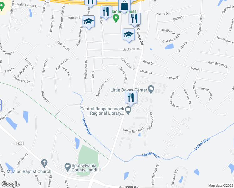 map of restaurants, bars, coffee shops, grocery stores, and more near 11713 Roosevelt Road in Fredericksburg