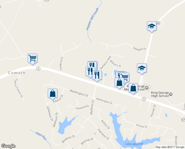 map of restaurants, bars, coffee shops, grocery stores, and more near 7835 Dolleys Court in King George